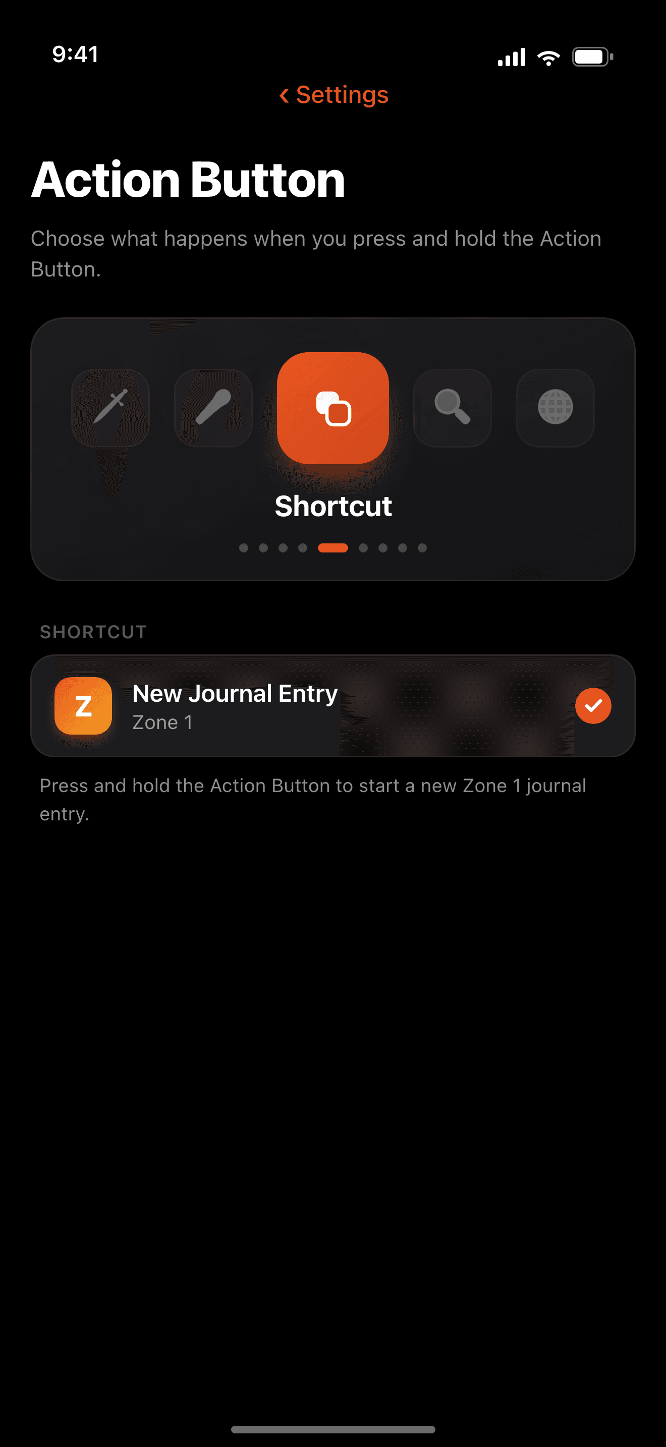 iPhone Action Button configured to start a Zone 1 journal entry