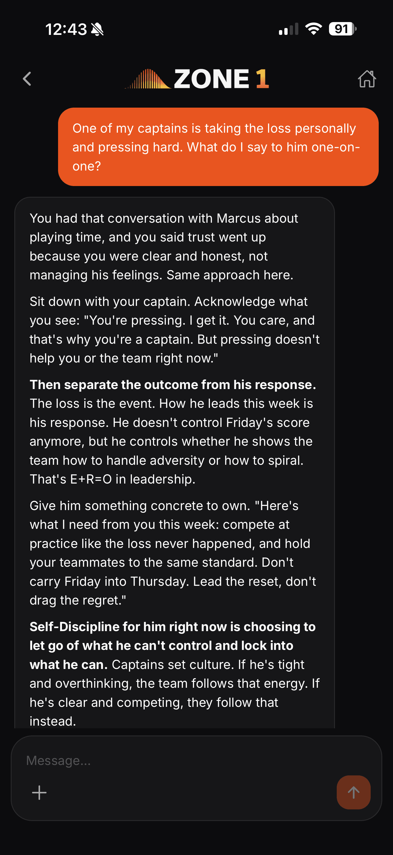 Coach Advisor chat in the Zone 1 iPhone app with photo attachments