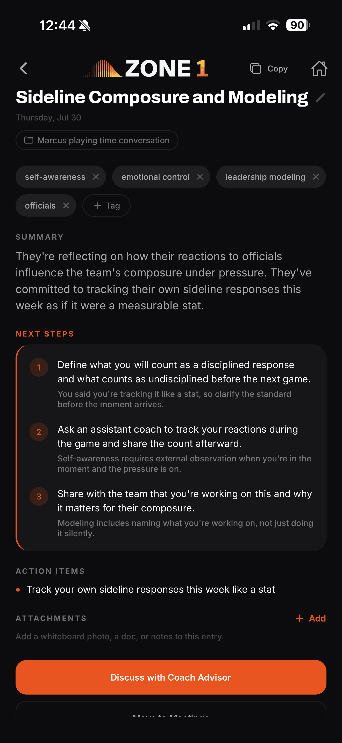 A processed journal entry in the iPhone app with summary and action items