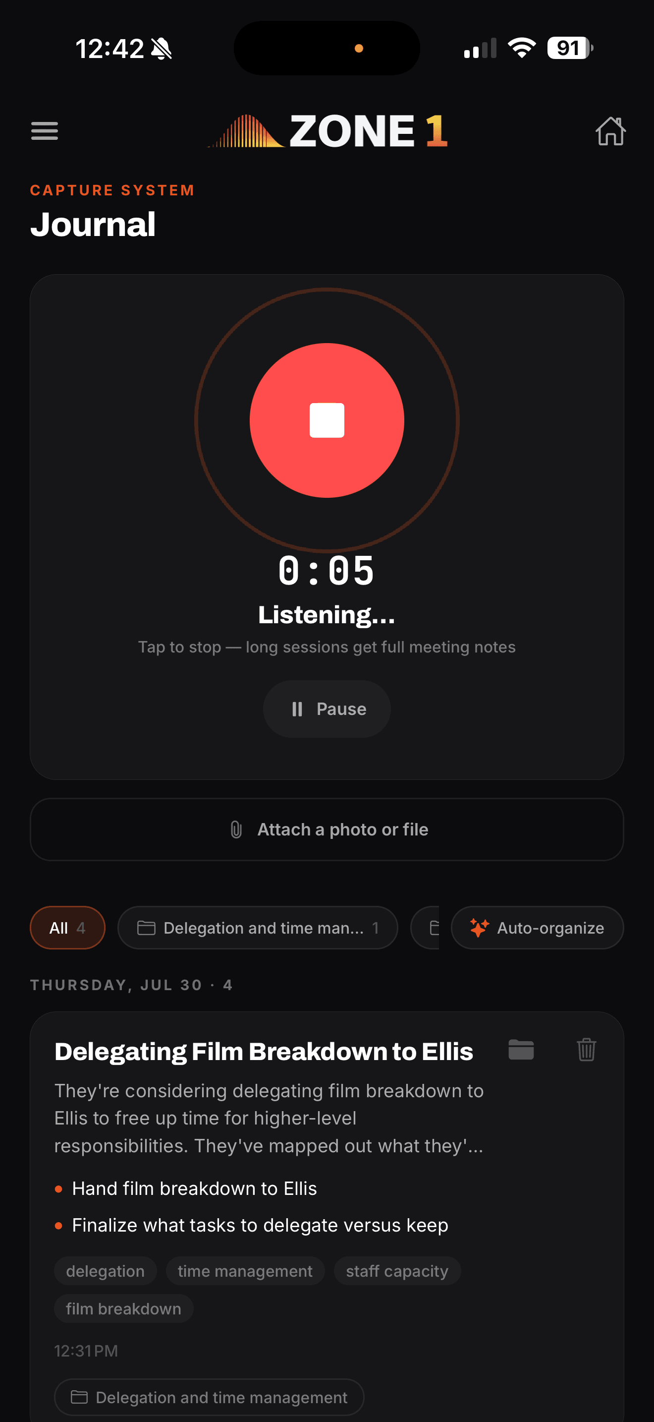The Zone 1 iPhone app recording a journal entry