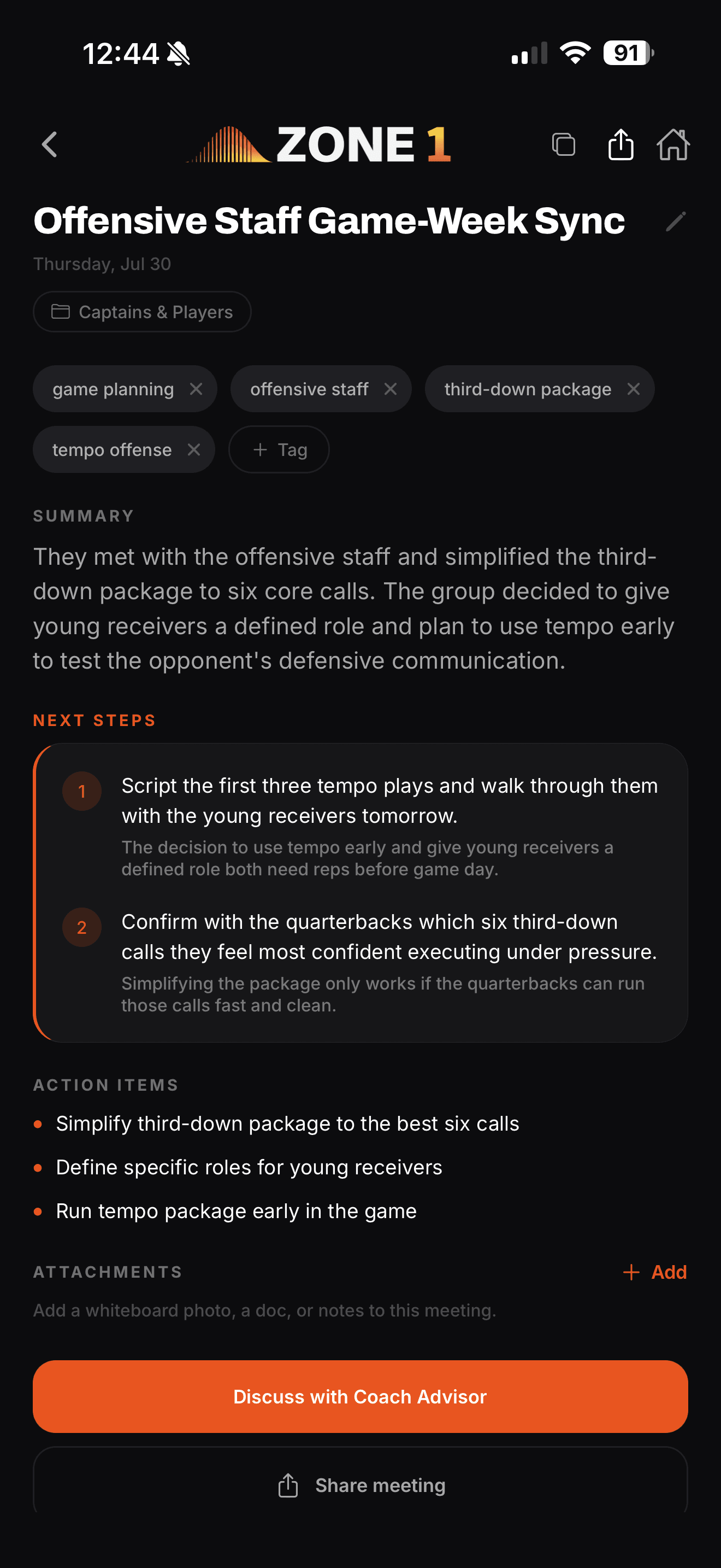 Sharing polished meeting notes from the Zone 1 iPhone app
