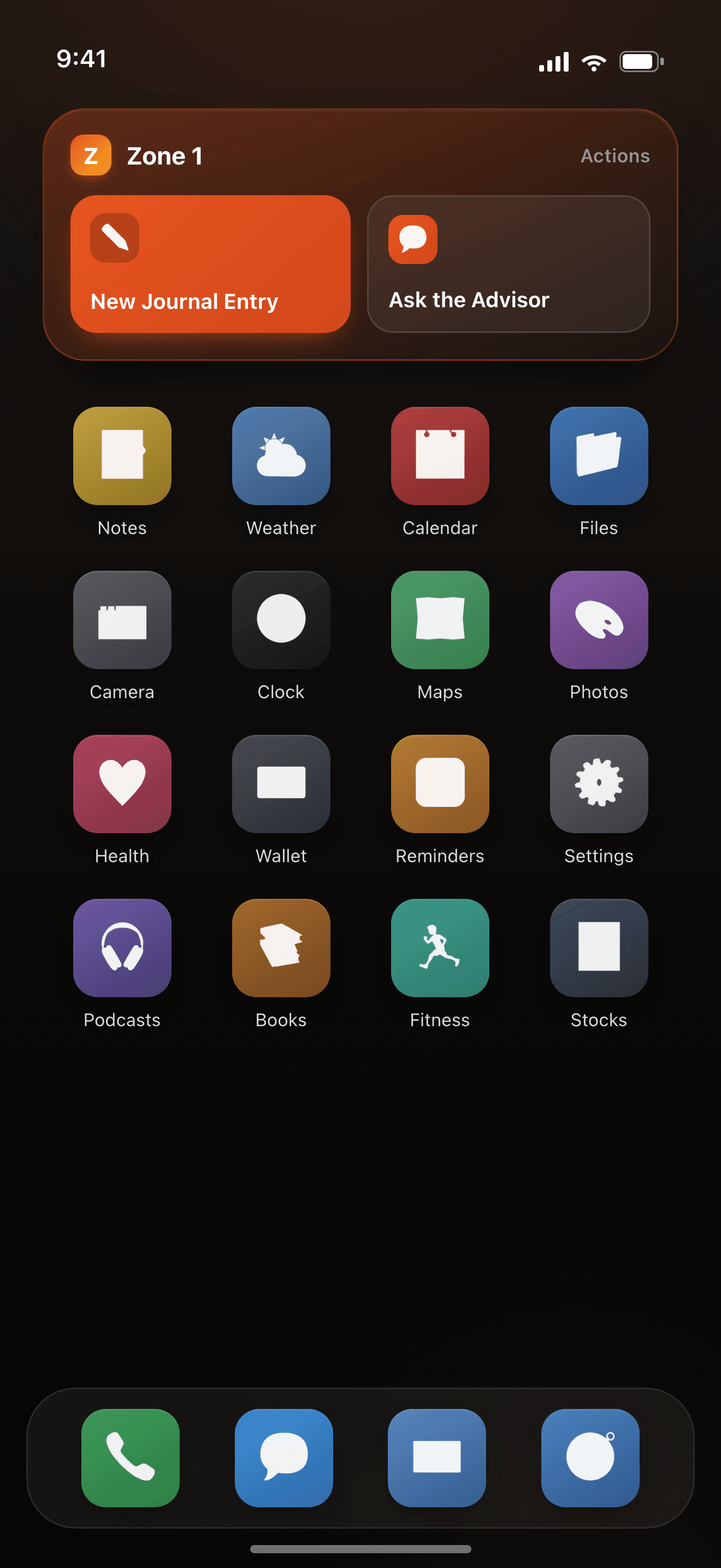 iPhone Home Screen with the Zone 1 Actions widget
