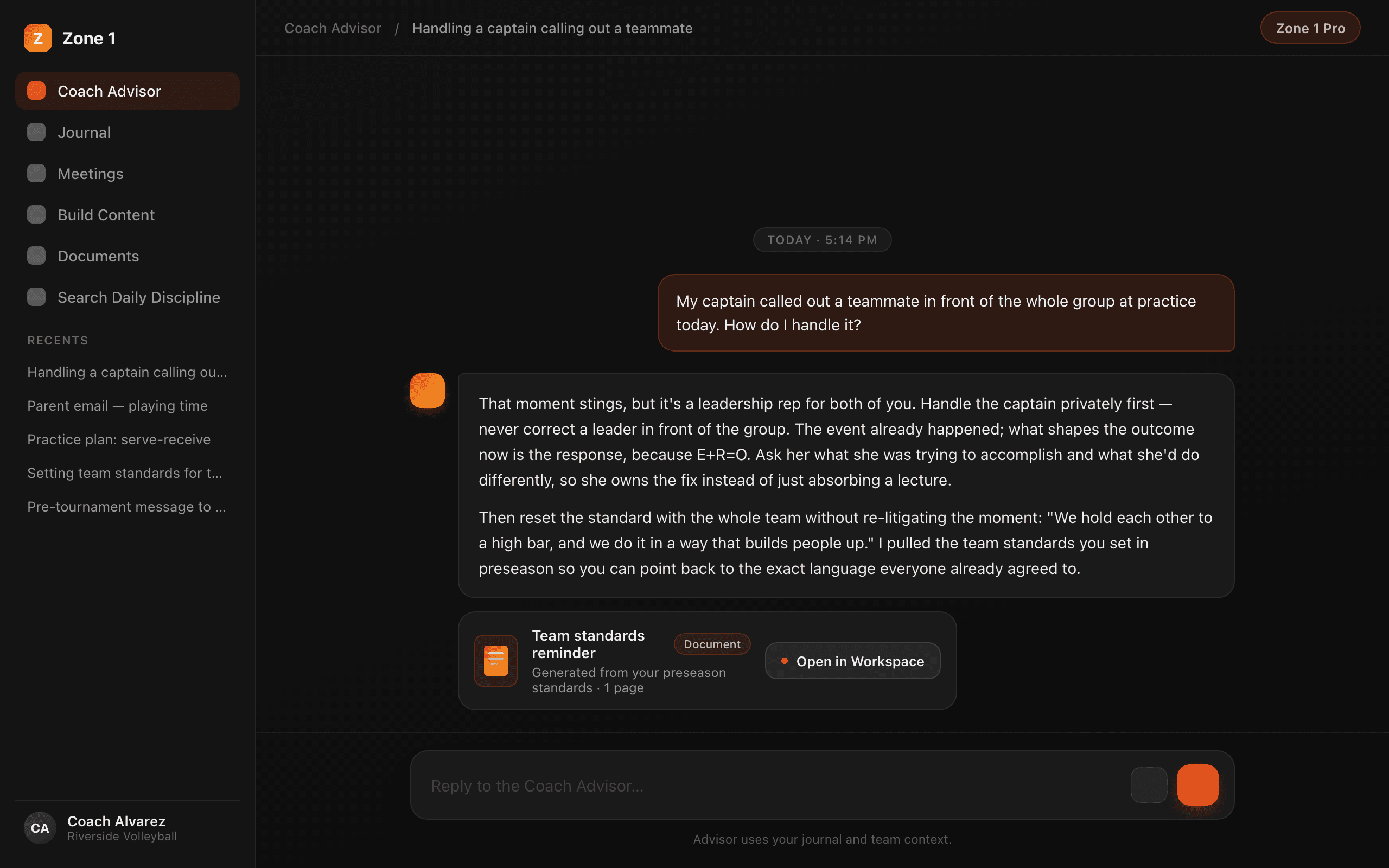 Coach Advisor conversation with a document card in the thread