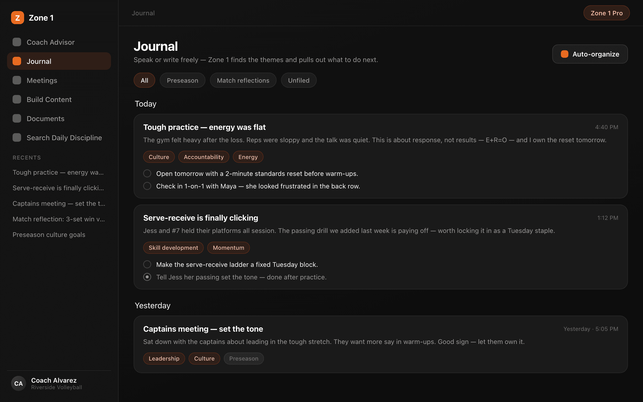 Coach Journal entries with summaries, themes, and action items