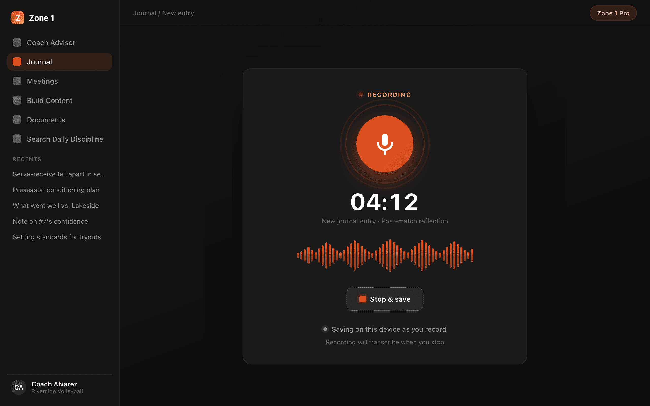 Recording a journal entry on the web with on-device saving indicator