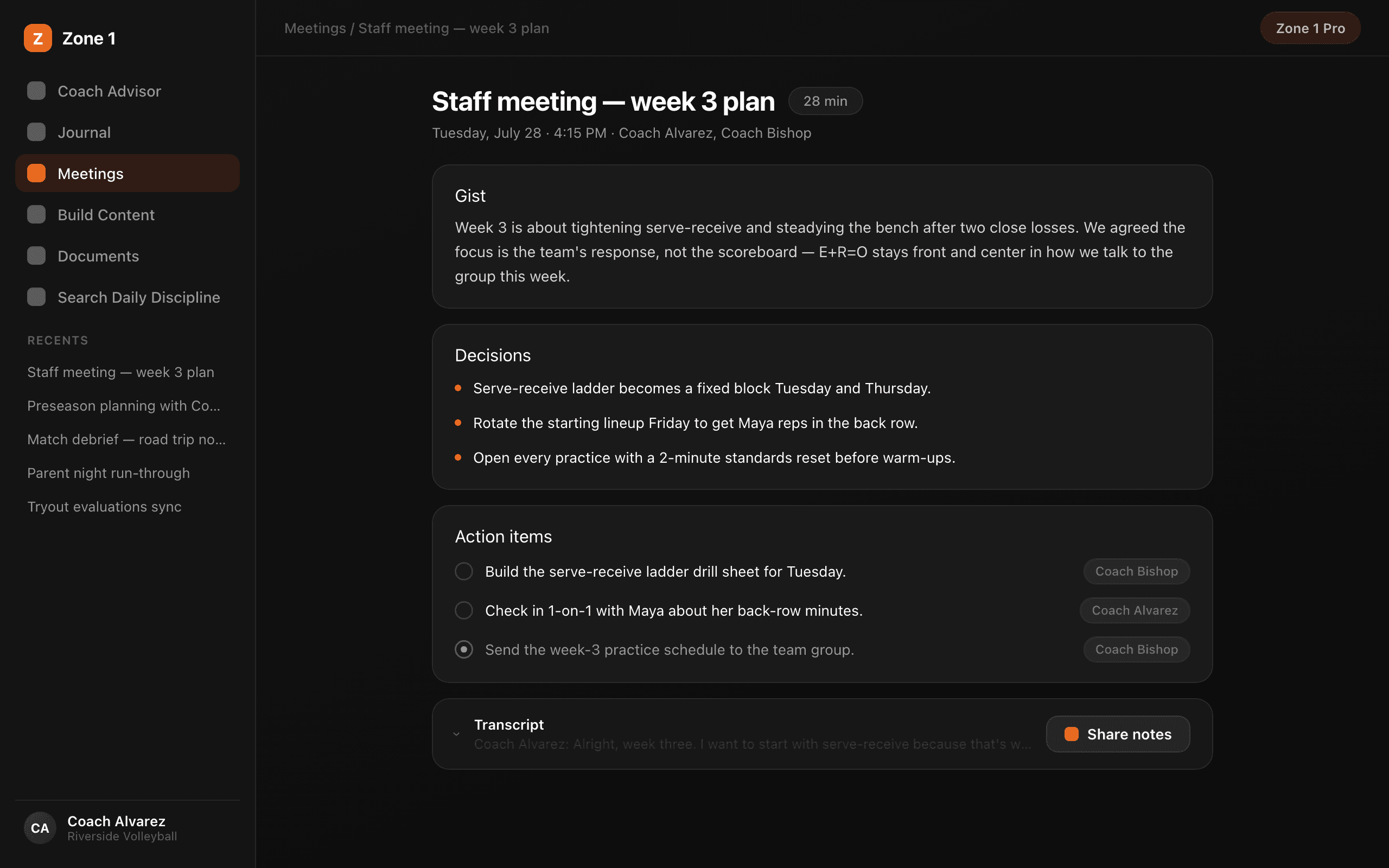 A processed meeting with transcript, decisions, and action items