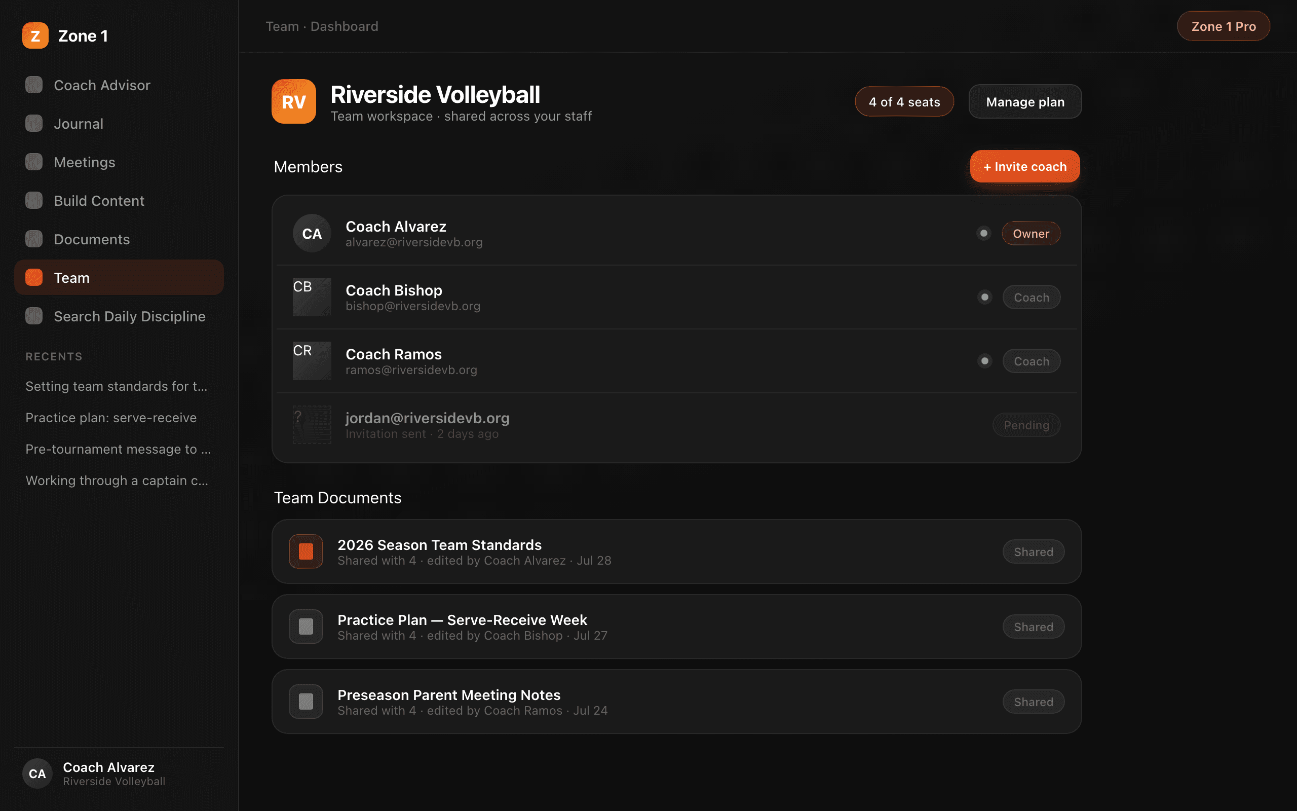 Team dashboard with members, roles, and shared team documents