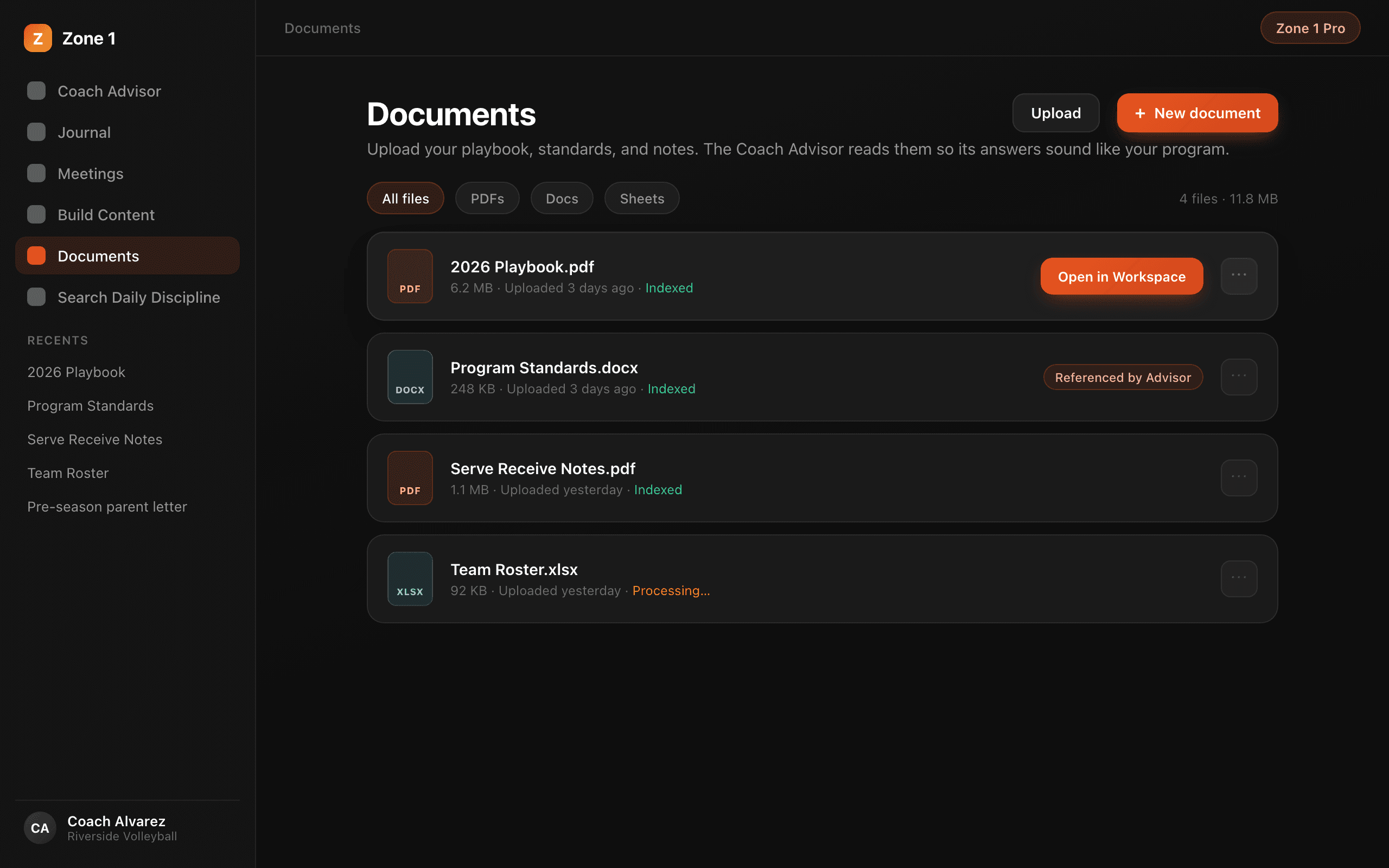 The Upload Documents reference library in the web app